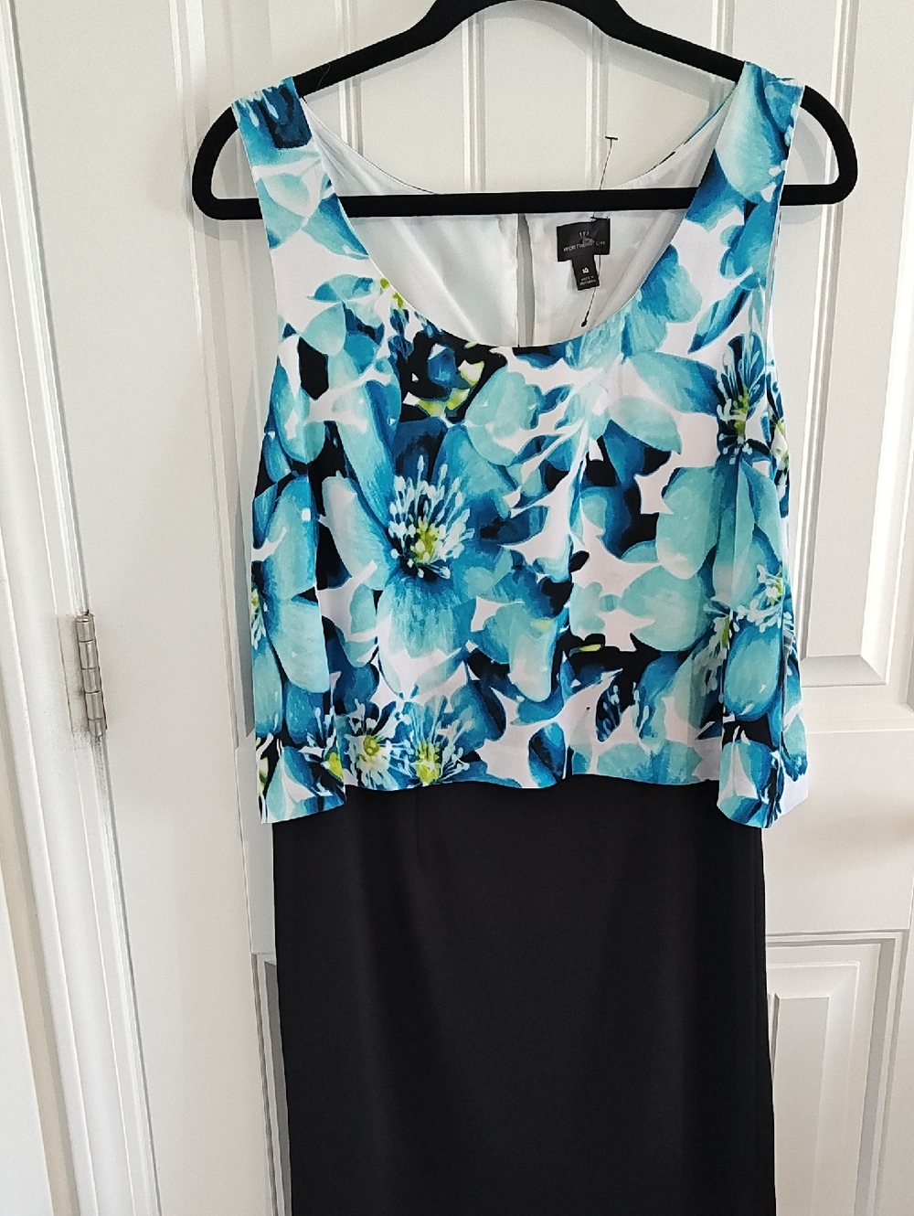 NWT Women Worthington Blue Floral Overlay Midi Dress with Black Skirt